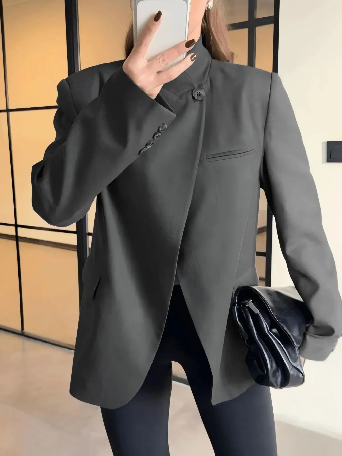 Women's Stand Collar Asymmetric Blazer, Formal Minimalist Single Button Fit Jacket, European and American High Street Elegant Commute Outerwear