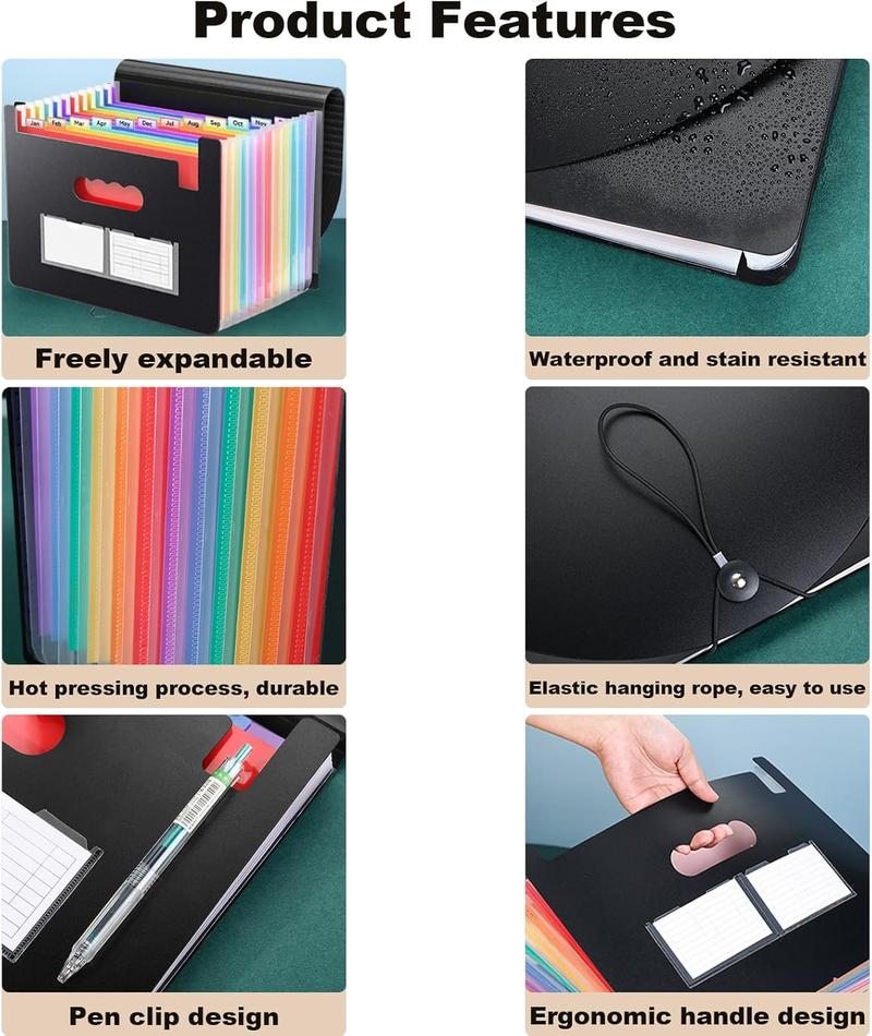 Accordion File Organizer,13 Pockets Expanding File Folder with Blank Labels,Portable Monthly Paper Bill Tax Receipt Organizer,Desktop Folders A4 Letter Paper Document Storage Organize,Black