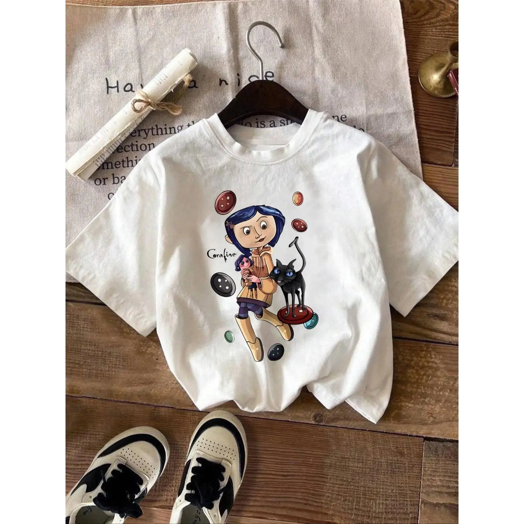 Retro Graphic T-Shirt, Unisex Vintage Horror Cartoon Print Short Sleeve Drop Shoulder Polyester Streetwear Top for Movie Fans, Shortsleeve, Fabric