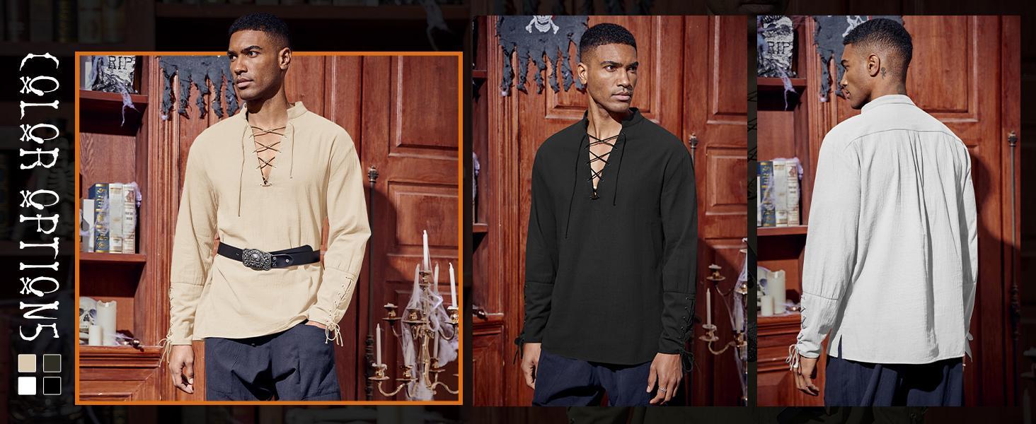 PASLTER Mens Medieval Pirate Shirt Steampunk Renaissance Viking Retro Long Sleeve Lace Up Mercenary Halloween Costume Tops Menswear Clothing