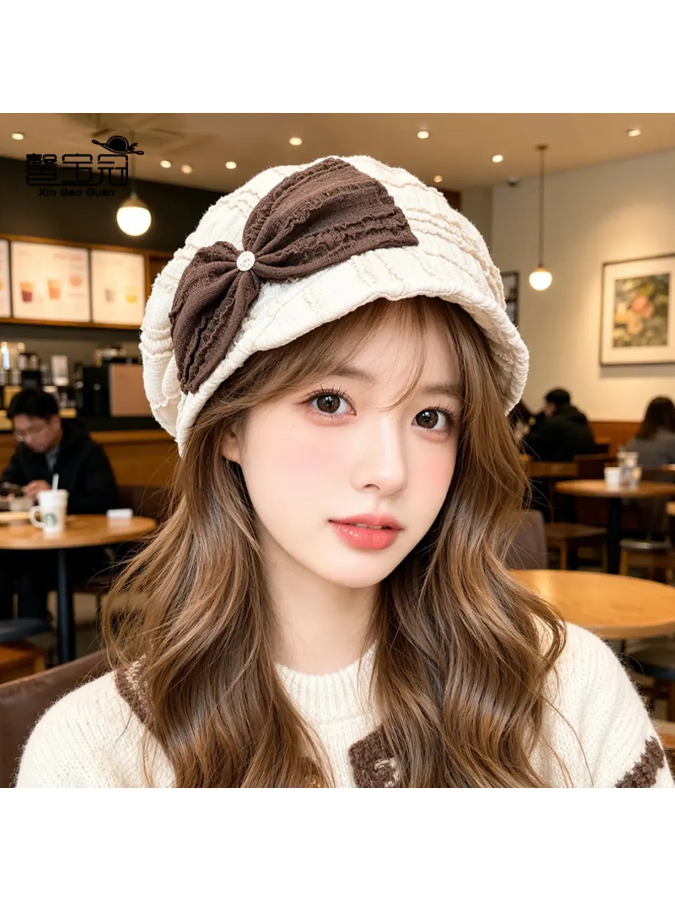 French pleated bow beanie winter outdoor warm earmuff hat for women, fashionable and versatile pull-on cold hat