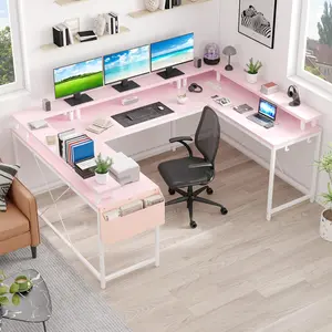 GARVEE- computadora en Forma de U con Tomas de Corriente y Luces LED, computadora Reversible en Forma de L de 79 Pulgadas, computadora esquinero, computadora de Oficina con Soporte Completo para