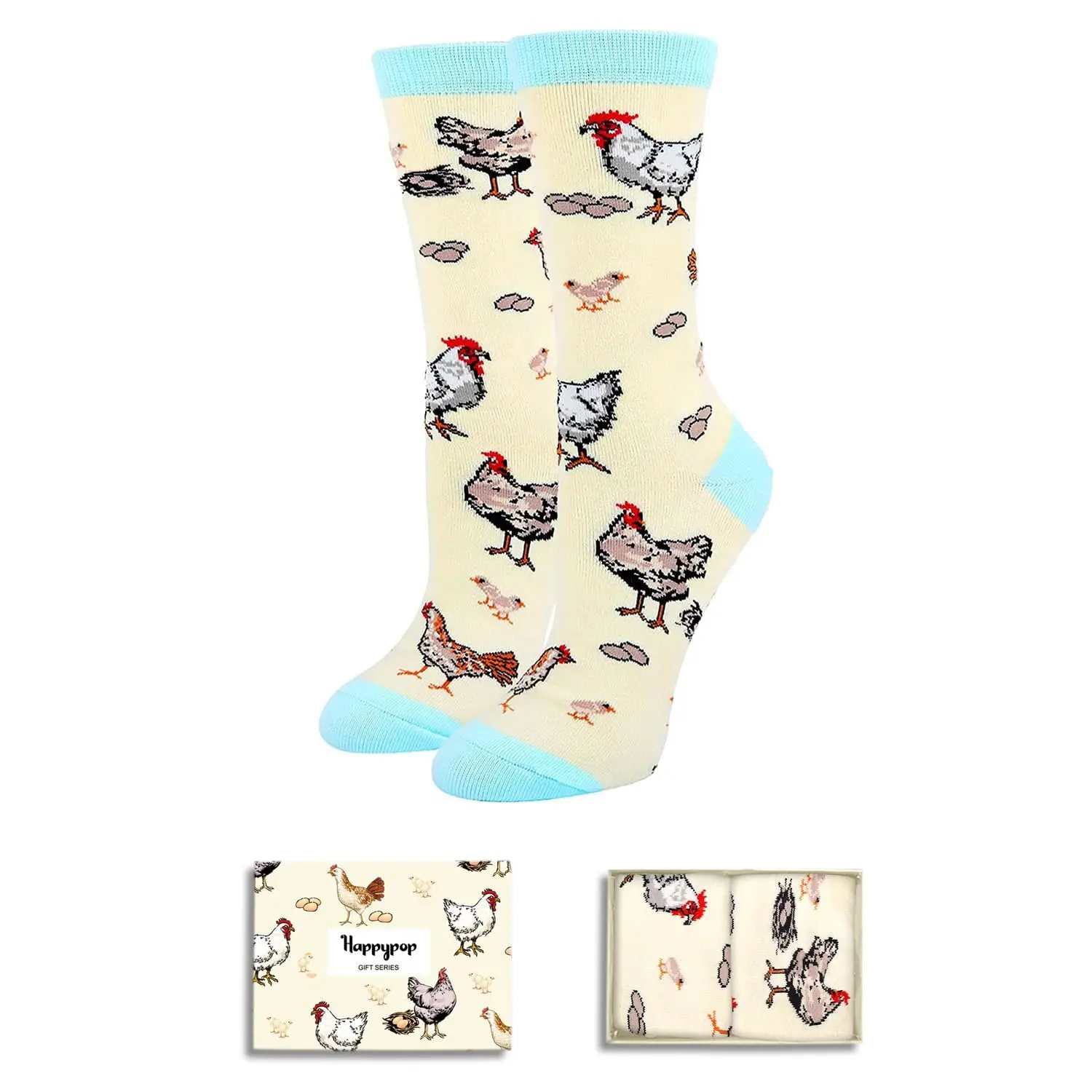 HAPPYPOP Funny Chicken Gifts for Chicken Lovers Rooster Gifts for Farmers, Novelty Chicken Socks for Women Beige