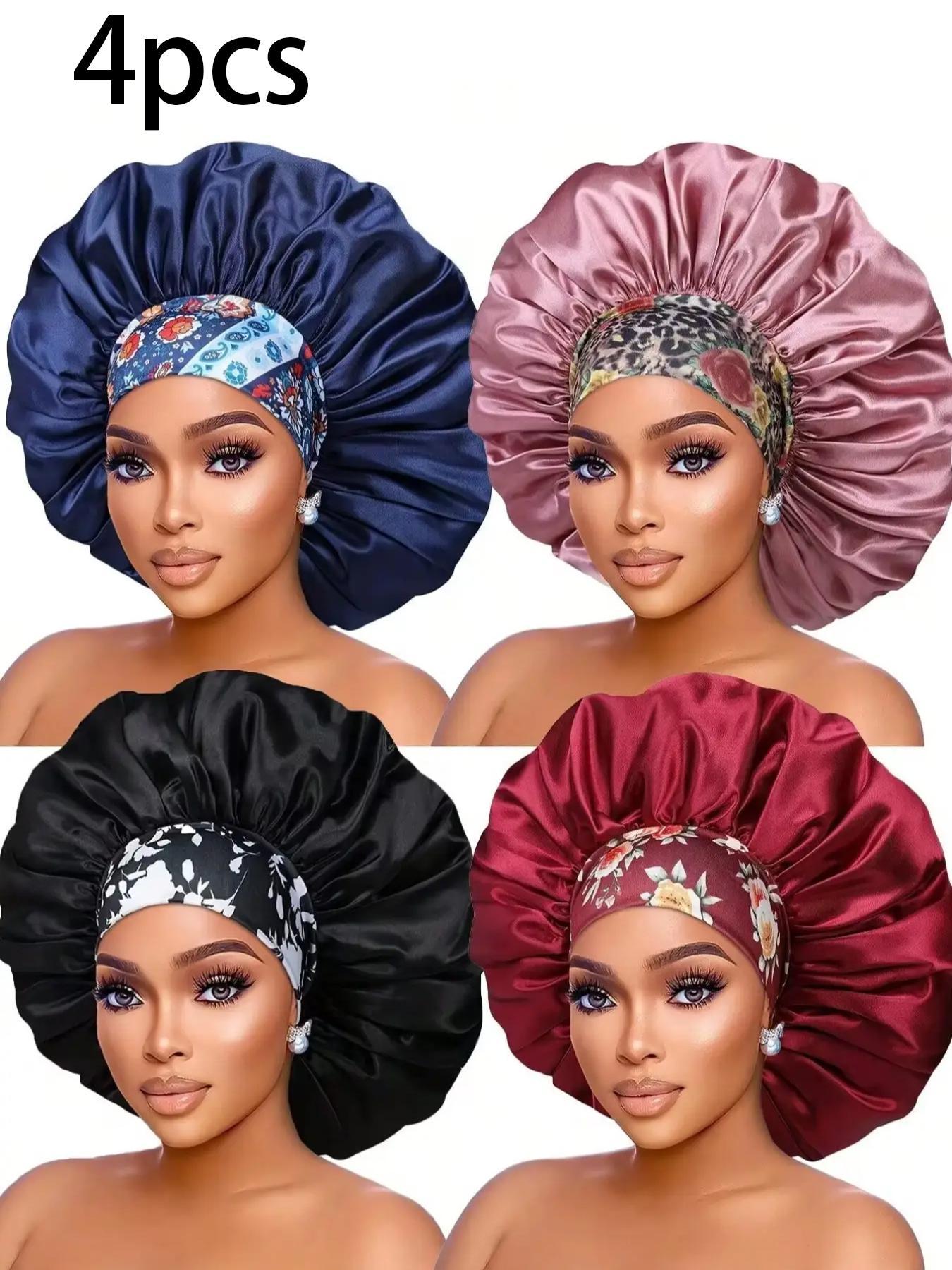 Women's Plain Color Bonnet (4pcs), Casual Fashion Ditsy Floral Print Wide Band Bonnet, Soft Comfortable Sleeping Bonnet for Women & Girls, Bonnets for sleeping