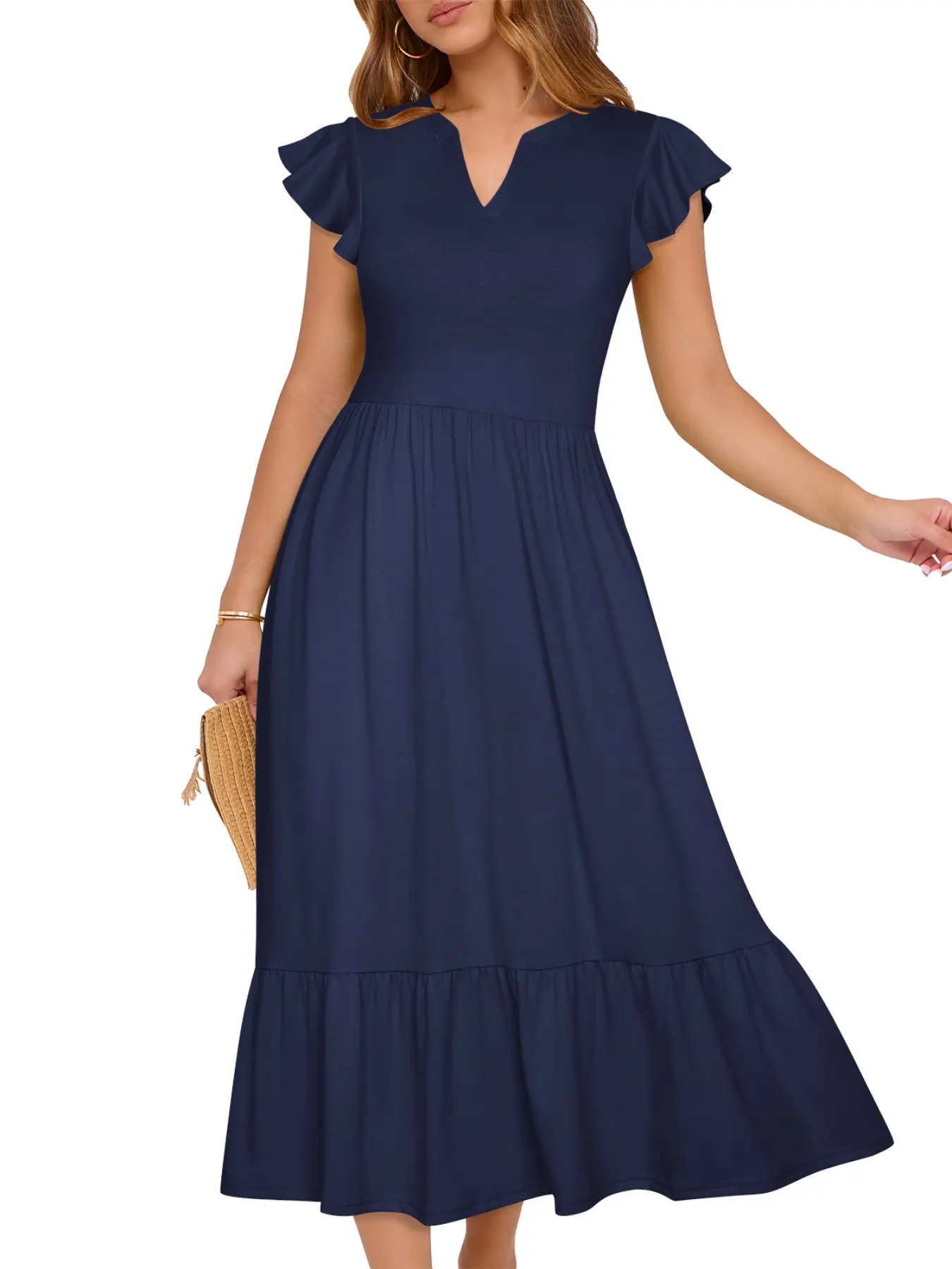 Women's V-Neck Midi Dress, Solid Color, Cap Sleeve, High Waist, Flounce Design, Office, Church, Party, Daily Wear, 3 Colors Available, Fit
