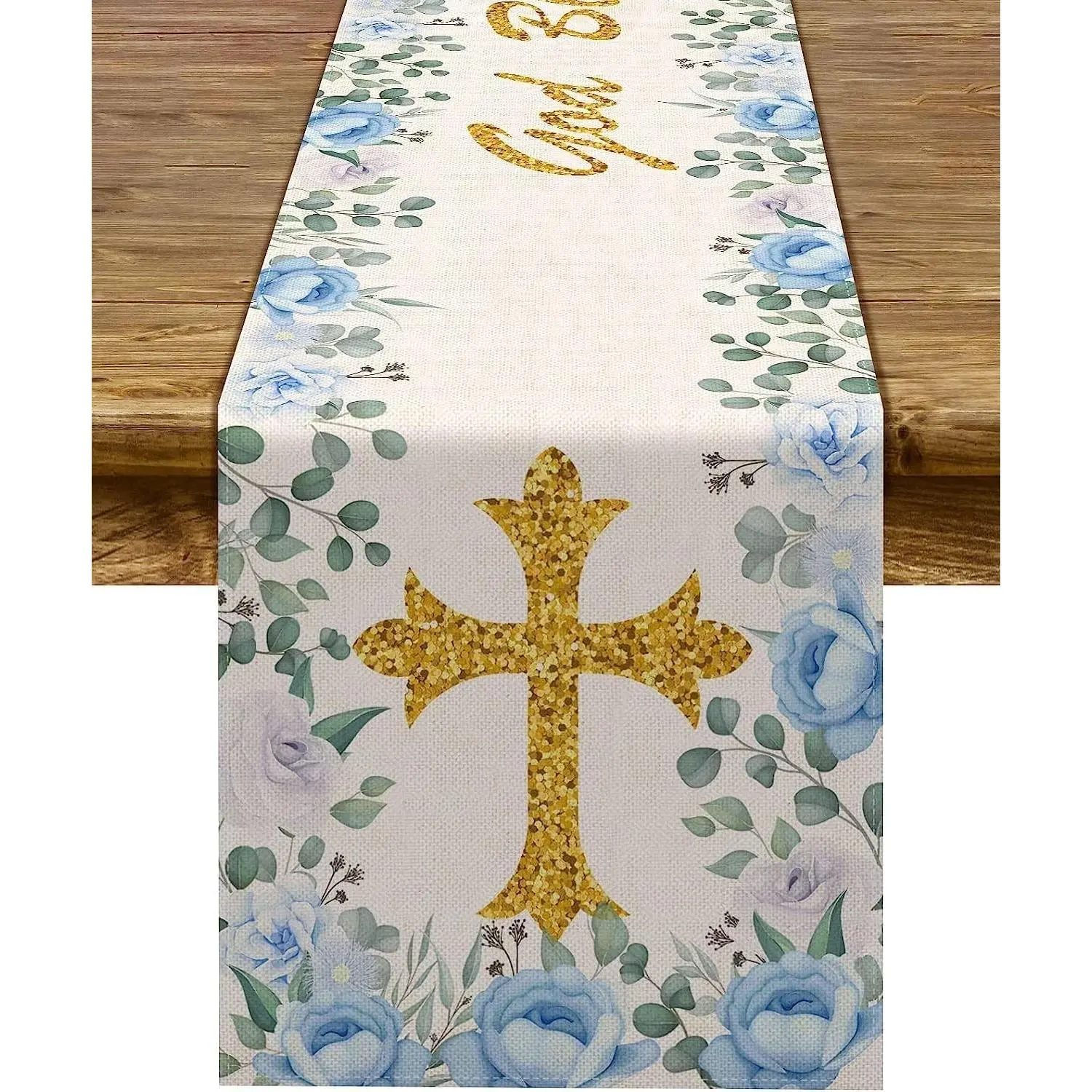 Boy Baptism Table Runner God Bless First Holy Communion Christening Baby Shower Party Kitchen Dining Home Decoration (13" x 72", Blue)