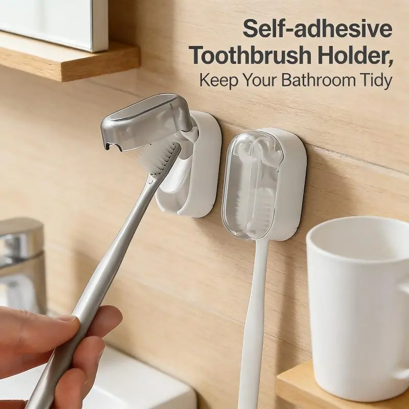 Wall-Mounted Toothbrush Holders, No-Drill Self-Adhesive Toothbrush Organizer with Dust-Proof Cover, Bathroom Storage Rack for Electric/Manual Toothbrushes, Space-Saving Bathroom Accessory