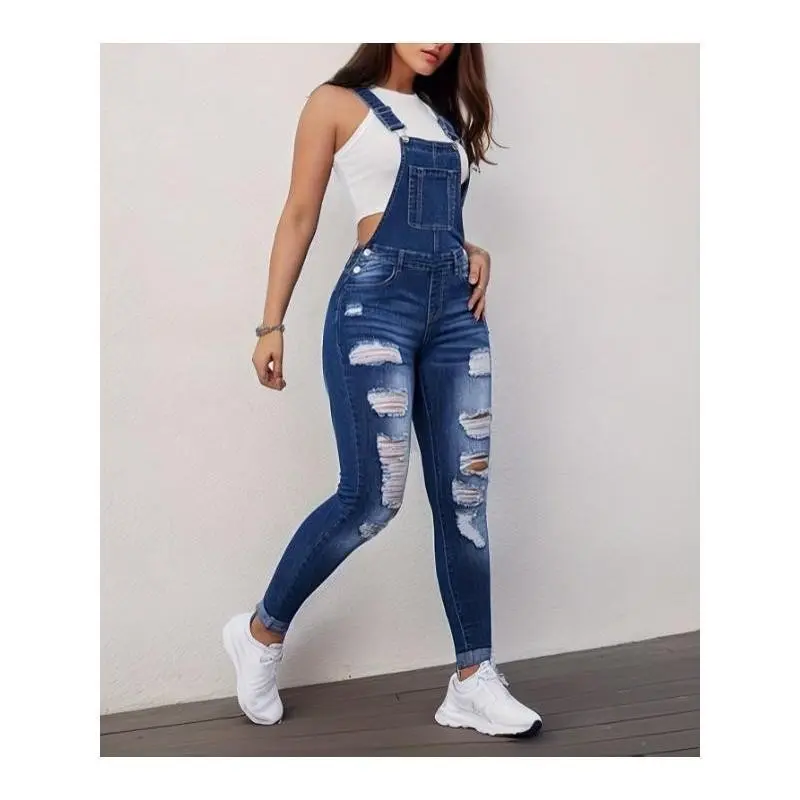 Vintage Inspired Ripped Distressed Denim Overalls Strap Sleeveless Women's Slim Skinny Suits Basic Medium Blue Cupro