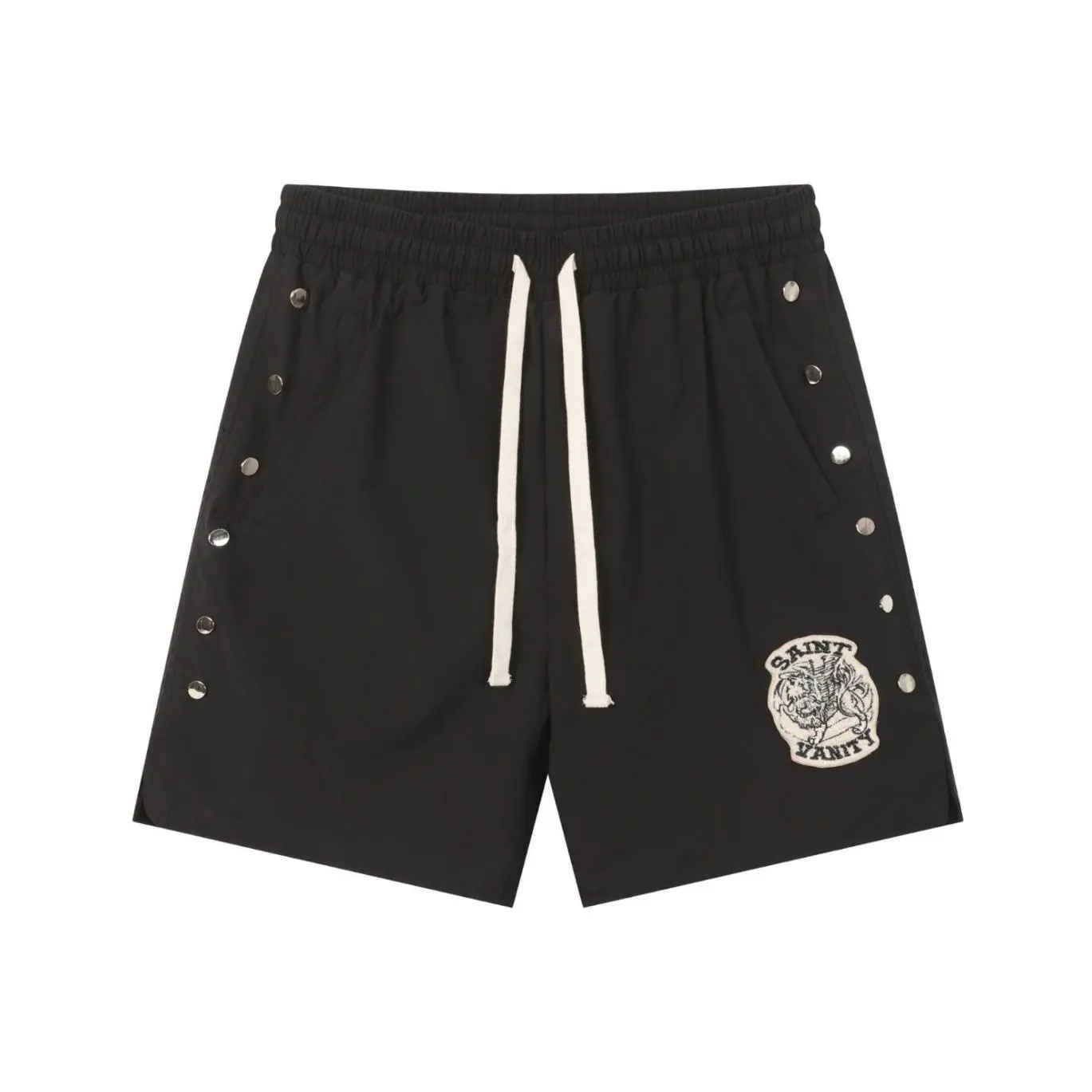 Saint Vanity Patch Button Side Split Shorts Men Multi Color Drawstring Elastic Waist Oversized Y2K Streetwear Hip Hop Casual Sports Track Shorts Summer Trendy Bottom