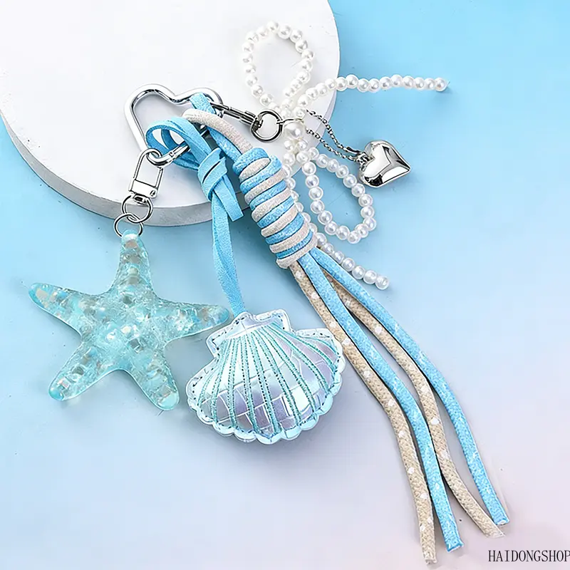 Boho Viral Cottagecore Summer Woven Rope Starfish Shell Bow Keychain For Women, Cute Coastal Bag Charm Pendant, Seaside Accessory For Travel Beach School Daily Outfit Styling