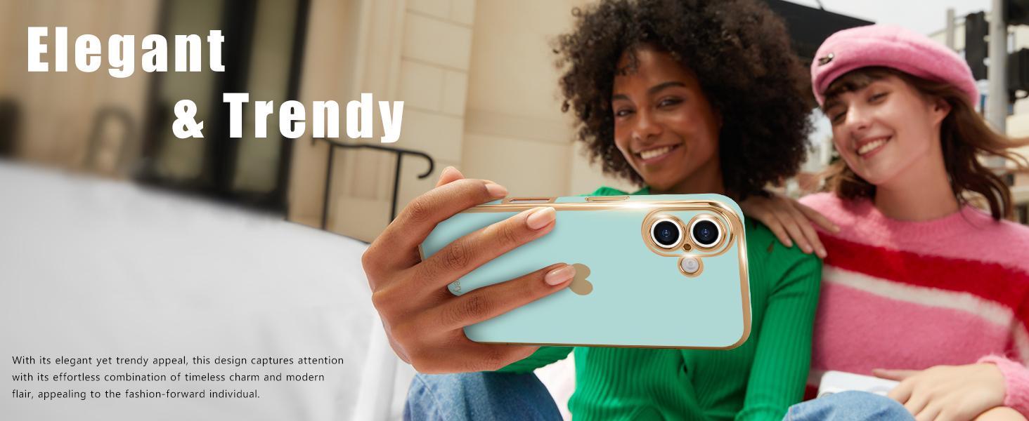 Teageo Compatible with iPhone 16 Case for Girl Women Cute Love-Heart Luxury Bling Plating Soft Back Cover Raised Camera Protection Bumper Silicone Shockproof Phone Case for iPhone 16, Pearl Aqua