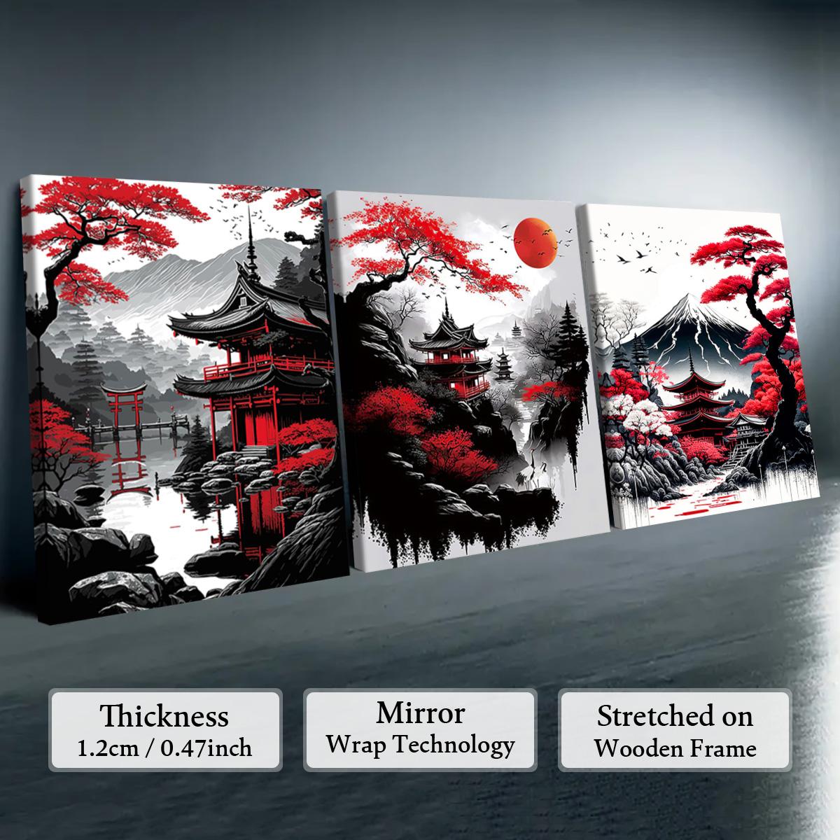 Wooden Framed Canvas Painting, 1-3 Counts/set Water Proof Japanese Style Scenery Canvas Poster, Modern Art Wall Decoration, Home Wall Decor