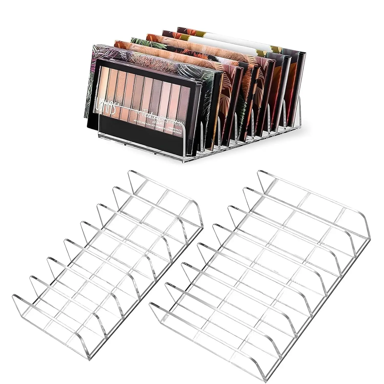 2 Pack Makeup Palette Organizer: 7-Section Clear Acrylic Eyeshadow Palette Holder for Vanity Drawer Countertop - Open Ended Instead for All Palettes & Blushes