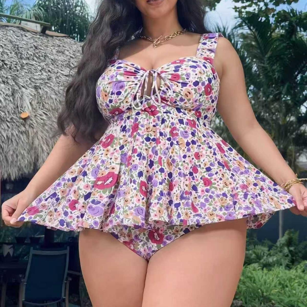 New Plus Size Women  Ruffle Strap Drawstring Keyhole Front Tankini Set, High Stretch Dopamine Floral Print Tummy Control Two Piece Swimwear, Modest Curvy Beach Bathing Suit