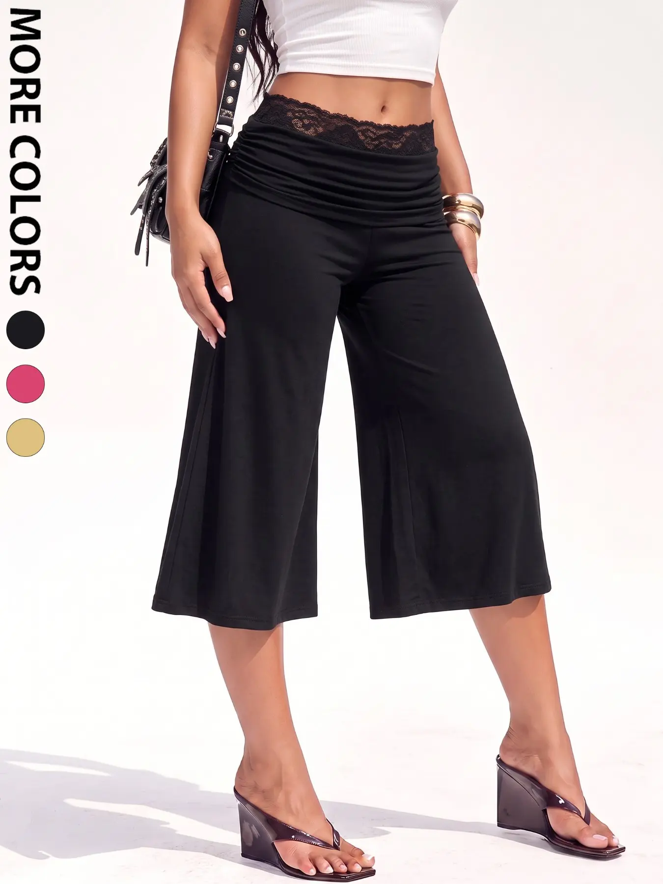 Lace Trim Ruched Fold Over Waist Culotte Pants, Wide Leg Capri Trousers, Soft Stretchy Lightweight Fabric, Slim Flattering Fit, Trendy Y2K Retro Streetwear, Chic Cropped Palazzo Pants For Women Club Party Daily Going-Out Stylish Look