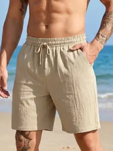 American Texture Linen Men's Shorts, Drawstring Elastic Waist Loose Five-Quarter Pants, Beach Surfing Vacation Casual Sandals