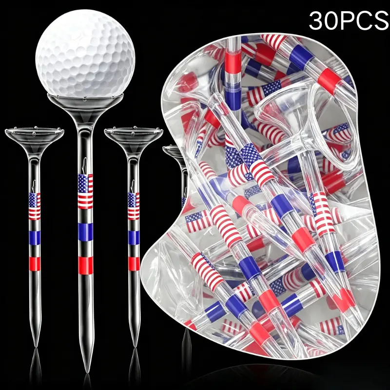 30 Pack Clear American USA Flag Plastic Golf Tees, Unbreakable Big Cup 8 Prongs Golf Ball Tees, Low Friction Cut Down Side Spin, Stable Golf Training Course Tool, Golf Training Accessory, Sports Fan Golf Practice Accessories, Golf Gear Gift for Men W