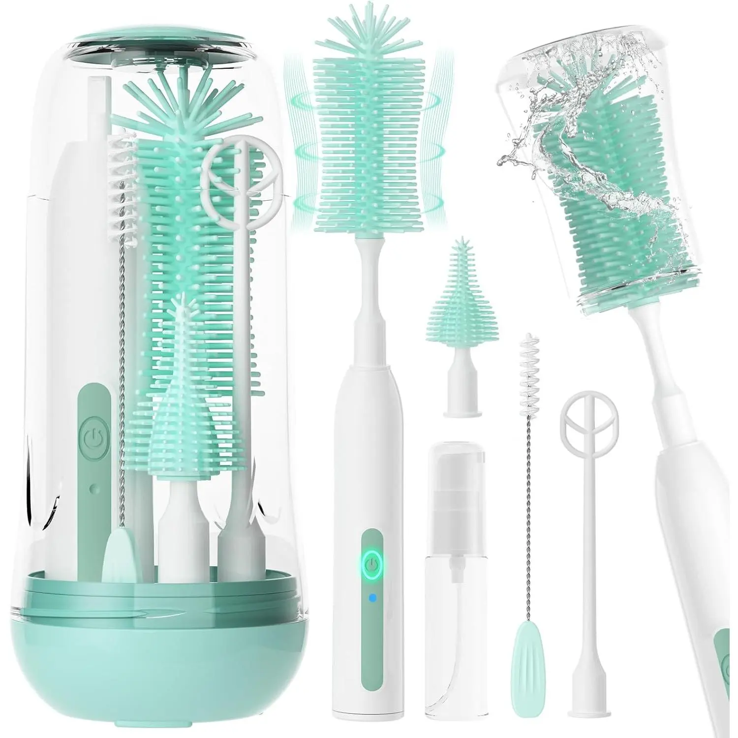 Electric Bottle Brush Cleaner,Rechargeable Baby Bottle Cleaning kit with Formula Mixer, Silicone Nipple&Straw Brush, Soap Dispenser, Drying Rack-IPX7 Waterproof,Long Battery Life  Home & Travel
