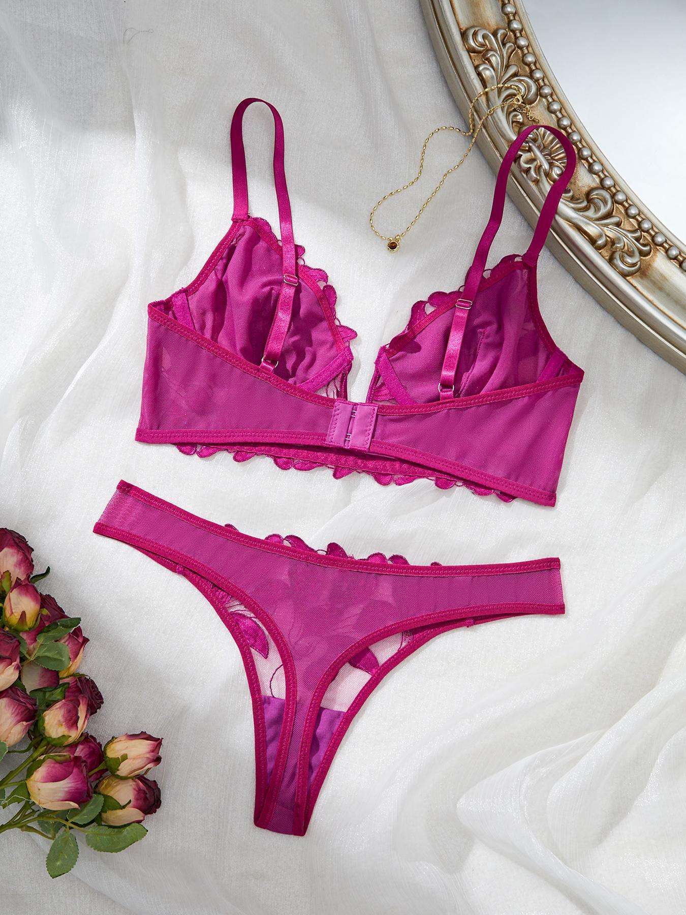 Women's Solid Color Floral Embroidery Adjustable Strap Underwire Bra & Panty Two-Piece Set, Sexy Comfortable Breathable Lingerie Set for Daily Wear, Underwear Set for Women