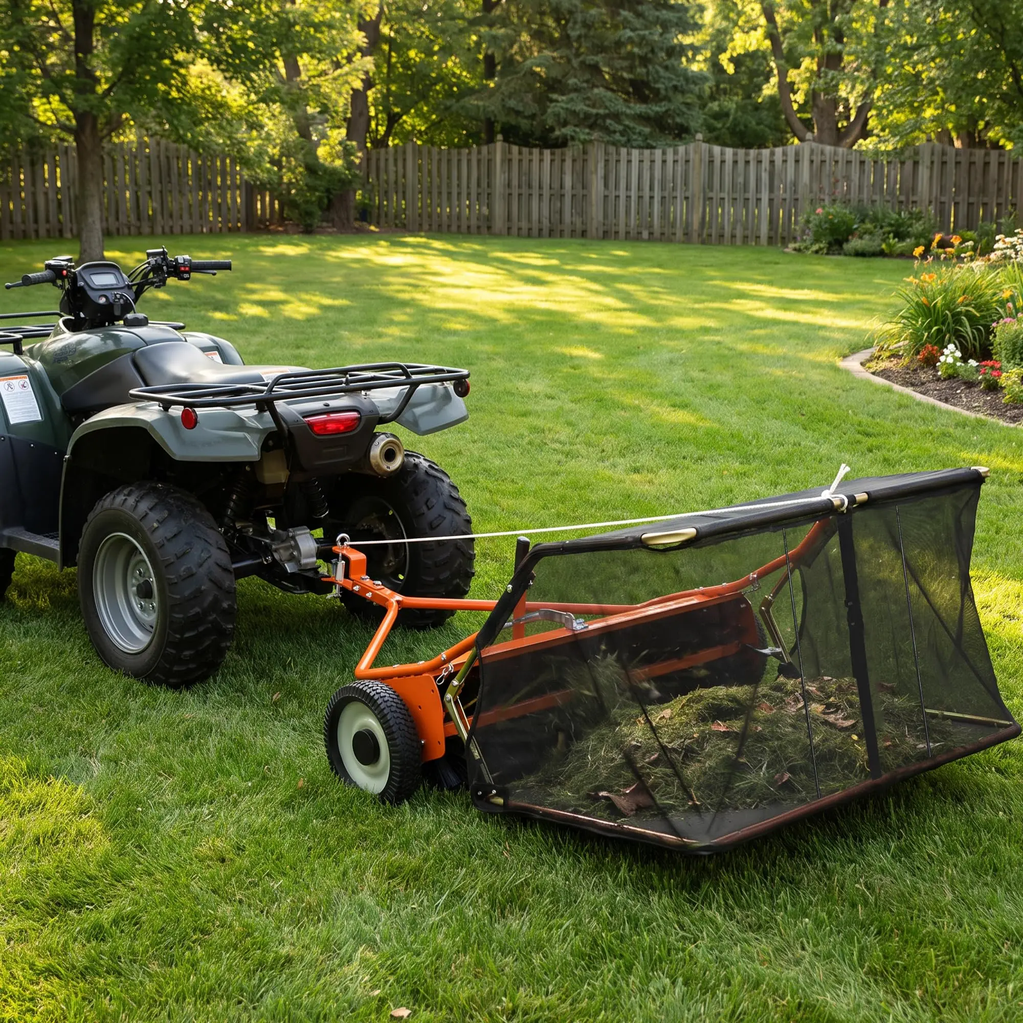 GAOMON 48 in Tow-Behind Lawn Sweeper, 16 Cubic Feet Hopper Capacity, Power Tool Accessory for Riding Mowers & Tractors, Green Efficient Leaf & Lawn Debris Collector