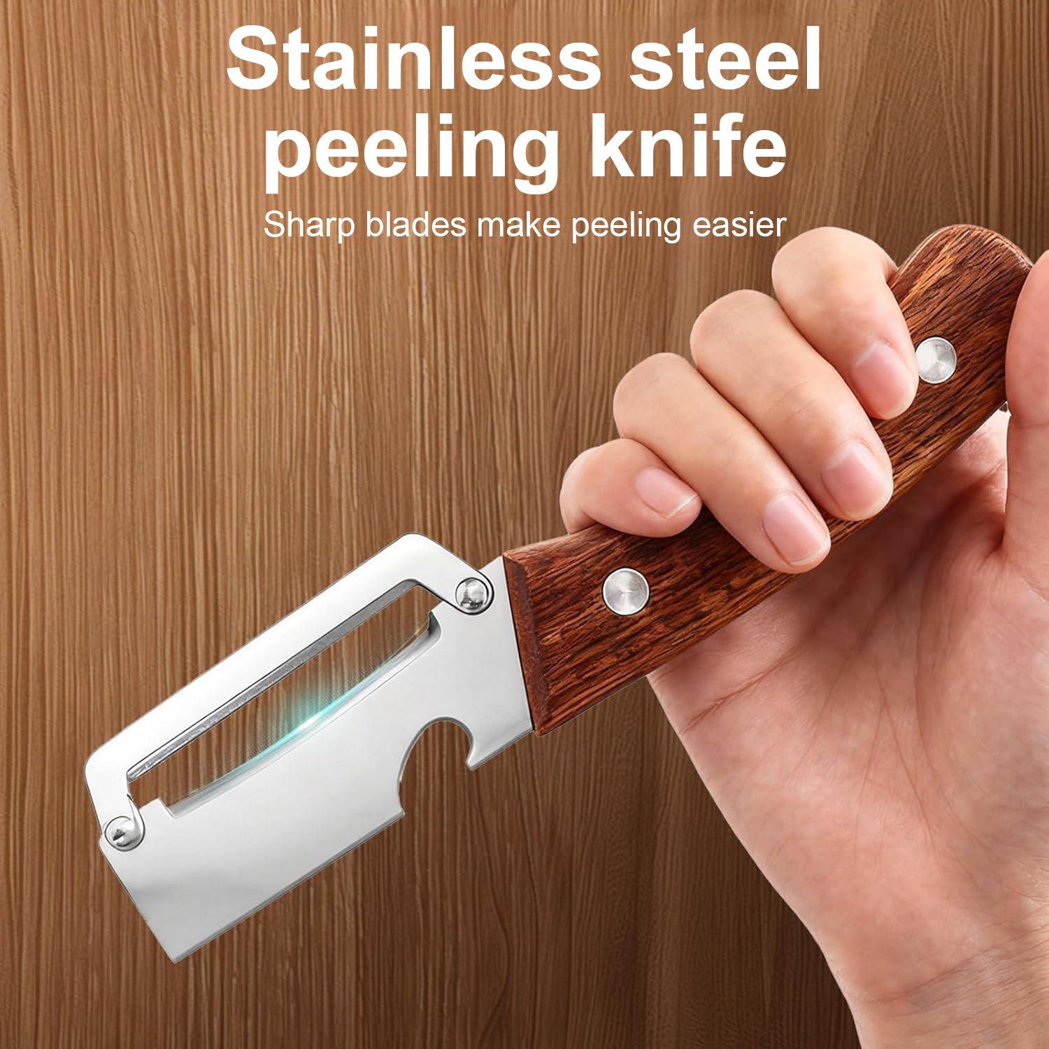 Multi-Functional Stainless Steel Peeler with Bottle Opener Peeling knife with Wooden Handle Kitchen Tool for Fruit Potato Pumpkin Papaya Sugarcane