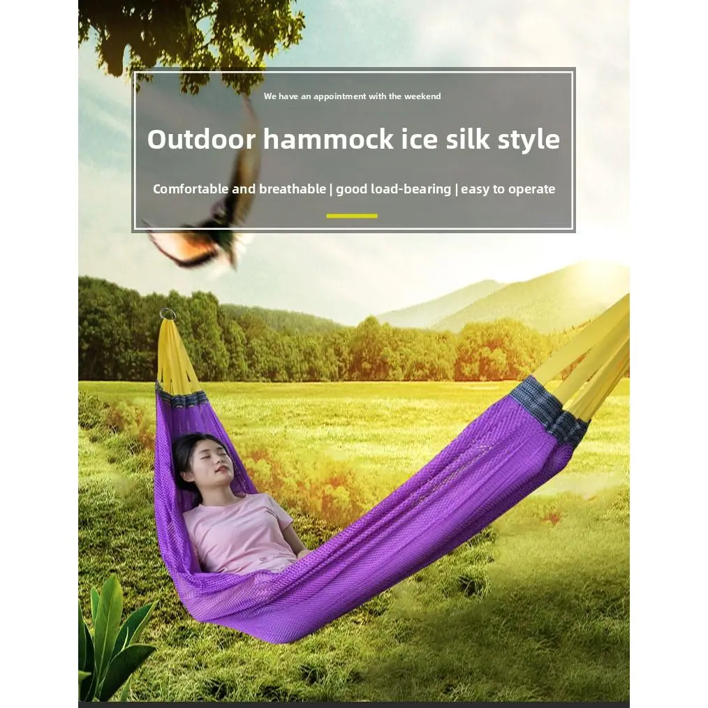Single-Person Ice Silk Mesh Hammock with Curved Spreader Bars - Comfy Breathable, Strong Weight Capacity Swinging Hammock for Outdoor Camping, Backyard Relaxation, Easy Setup, Portable Camping Supplies