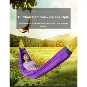 Adult Outdoor Ice Silk Mesh Hammock Swing with Curved Anti-Rollover Sticks, Camping Travel Supplies 