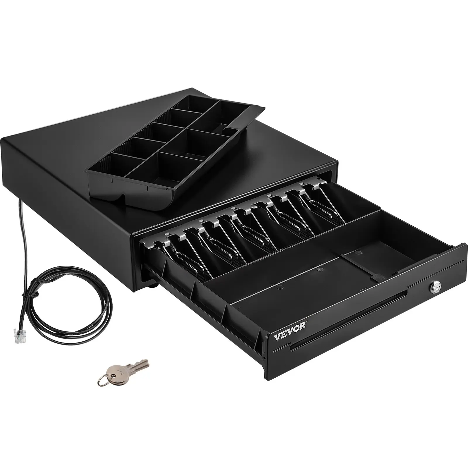 VEVOR Electronic Cash Register Drawer with Metal Frame, 16in 12V, 5-Bill 8-Coin Tray, Movable Coin Compartment, 2 Keys, RJ11/RJ12 Cable, Plastic Components for Coffee Shops, Restaurants (USD Only), Steel & Abs