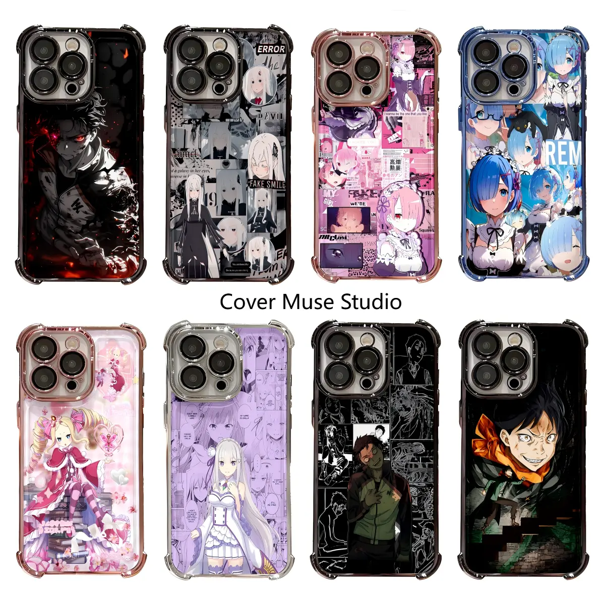 Re:0 - Starting Life in Another World Gothic Anime Cellphone Casing for iPhone 17,16,15,14,13,12,11 Pro Max, Shockproof 4-Corner Airbag Metallic Electroplated Transparent Protection Shell, Mobile Phone Accessory for Rem, Ram, Emilia, Subaru, Beatrice