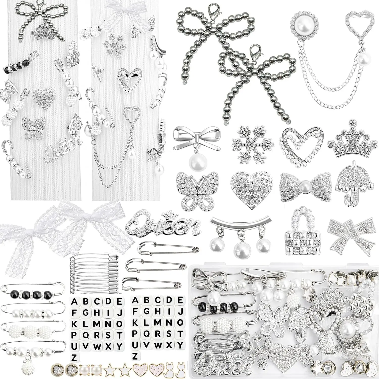 RQAYE 268pcs Silver Junk Socks Charms Kit,Shoe Charms for Sneakers, Brooches and Pins for Women, Pearl and Rhinestone Sock Charm with Safety Pins,DIY Accessories for Personalizing Socks