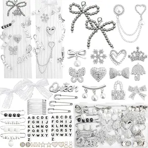 RQAYE 268pcs Silver Junk Socks Charms Kit,Shoe Charms for Sneakers, Brooches and Pins for Women, Pearl and Rhinestone Sock Charm with Safety Pins,DIY Accessories for Personalizing Socks