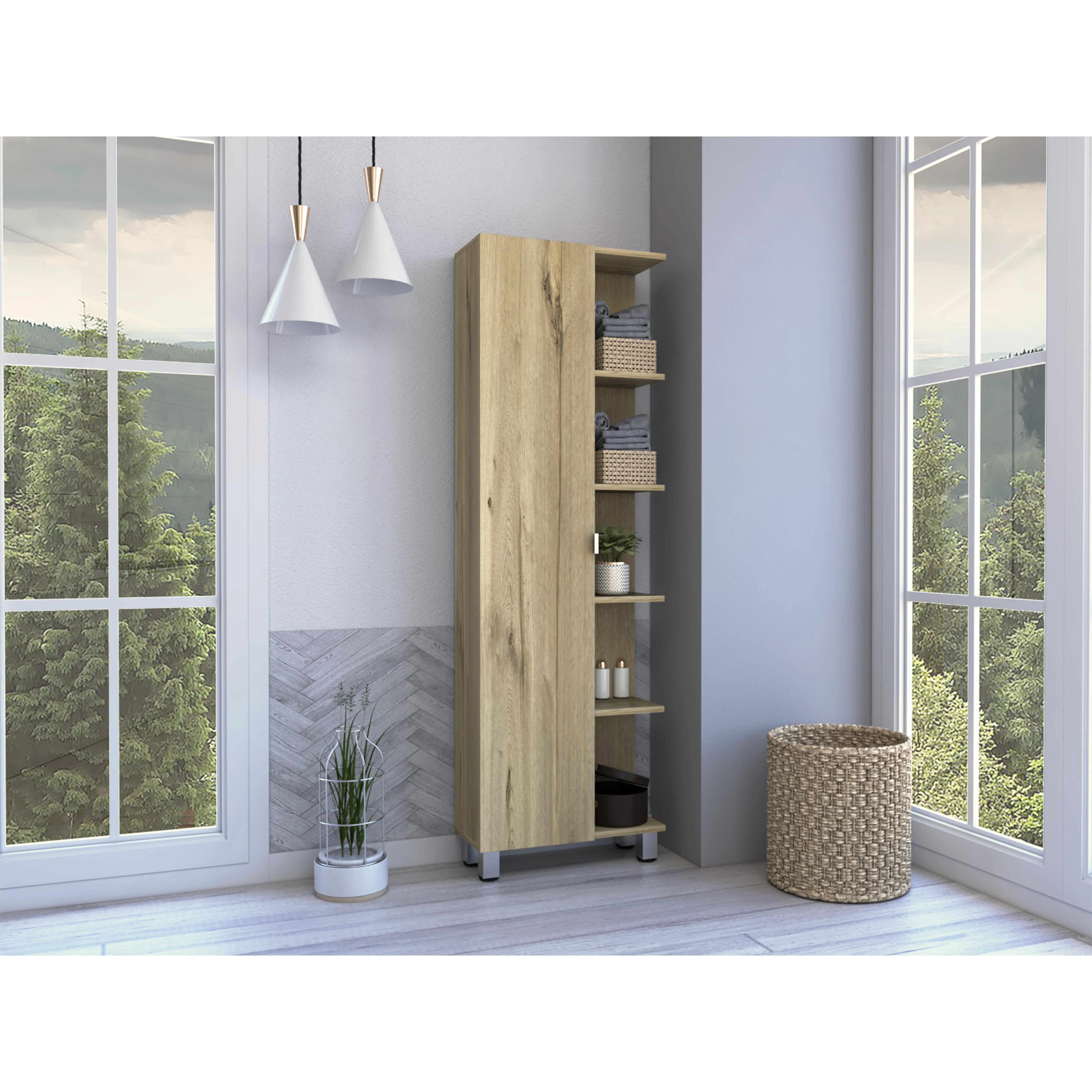 Nokaa Freestanding Tall Bathroom Linen Cabinet with 5 Shelves and 1 Door, Beige Melamine, 62.2H x 20.15W x 8.45D, Contemporary Storage Tower for Towels and Toiletries