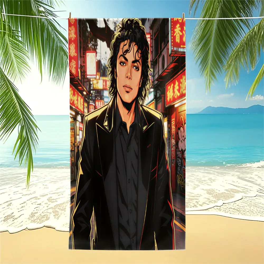 Michael Jackson Hong Kong Neon Street Anime Print Beach Towel, Microfiber Quick Dry Sand Resistant Super Absorbent, Portable Towel For MJ Fans Beach Pool Camping