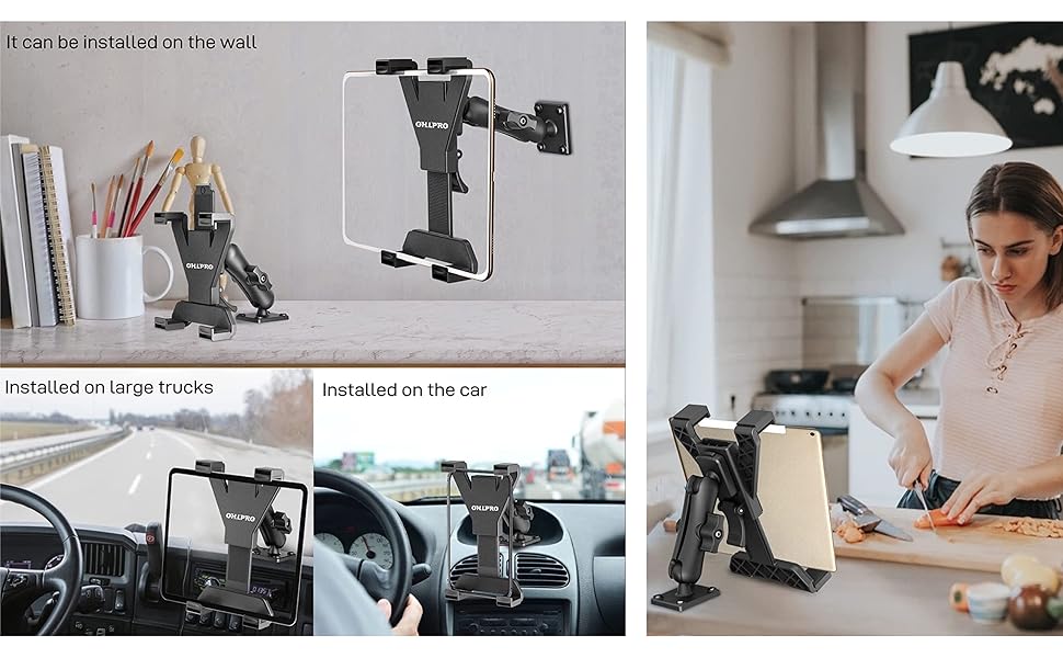 OHLPRO Heavy-Duty Drill Mount Tablet Holder Car Mount, iPad Holder for Trucks Compatible with 7-13inch inch Tablets, Adjustable Angle, Sturdy Design, Ideal for Cars, Walls, Commercial Vehicles - Screws Included