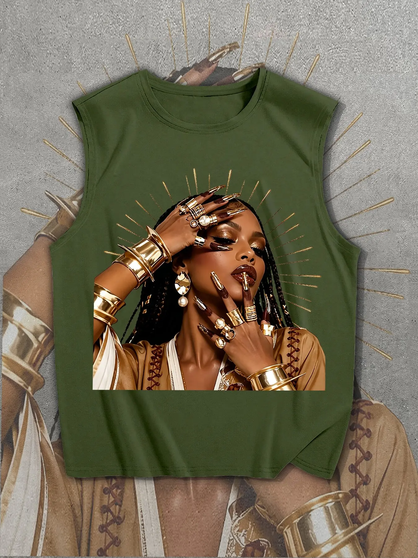 Egyptian Queen Print Sleeveless T-Shirt, Loose Fit Casual Top, Unisex Street Style, Breathable Summer Wear, Fashion Essential