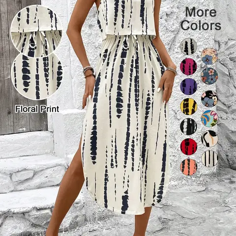 Women's Tie Dye Long Dress, Spaghetti Strap Sundress, Sleeveless Fitted Split Thigh, Casual Multi-Color Print, Perfect for Vacation and Valentine's Day #GLOBAL PICKS