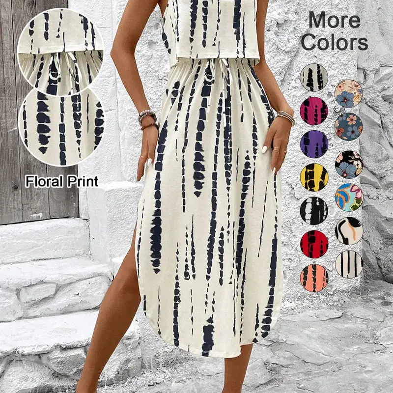 Women's Tie Dye Long Dress, Spaghetti Strap Sundress, Sleeveless Fitted Split Thigh, Casual Multi-Color Print, Perfect for Vacation and Valentine's Day #GLOBAL PICKS