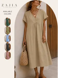 Women’s Cotton Linen Textured Fabric Midi Dress, Casual V Neck Loose Fit, Boho Beach Vacation Sundress, Comfortable and Stylish Summer