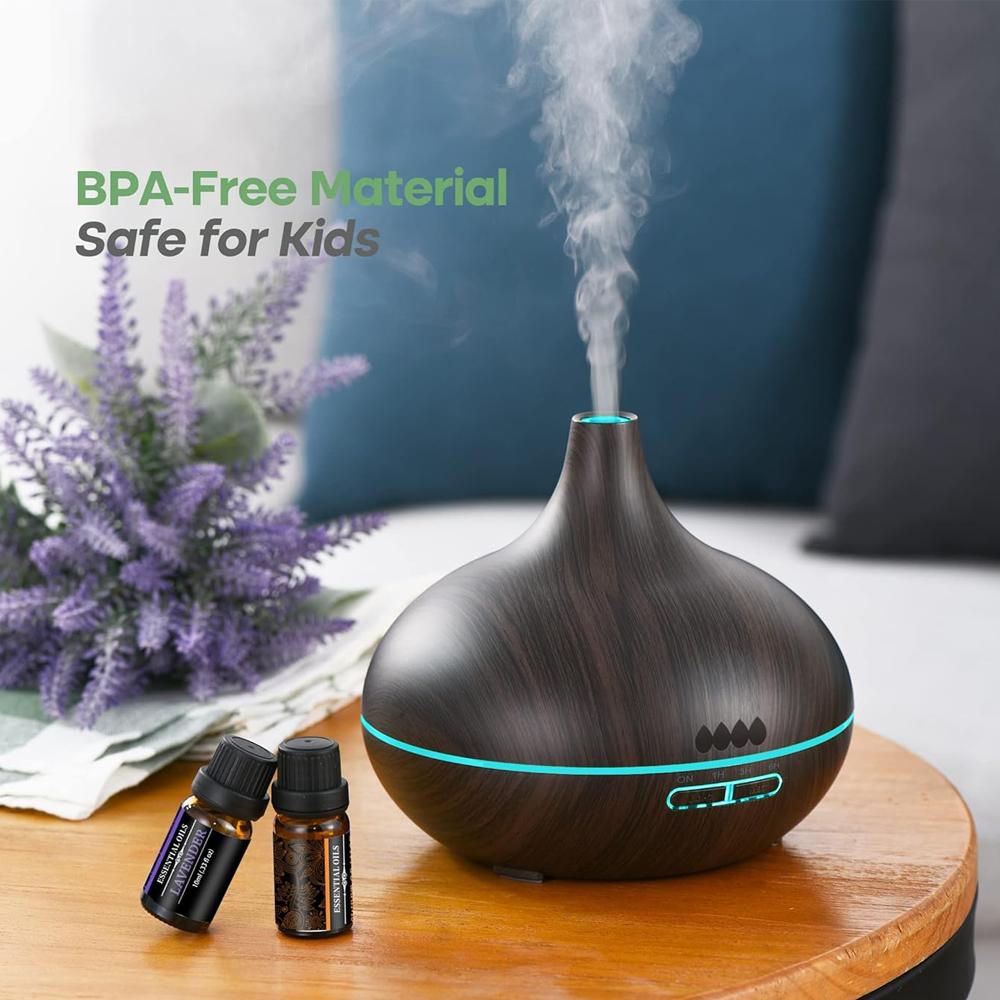 Oil Diffuser, 550ml Aromatherapy Diffuser with 6x10ml Included, 7x2 Colorful LED Night Light, 23dB Quiet BPA-Free Essential Oil Diffusers for Home, 16H Lasting, 4 Timers, Auto Off, Black humidifier air  purifier Lamp Diffuser with Cool Mist