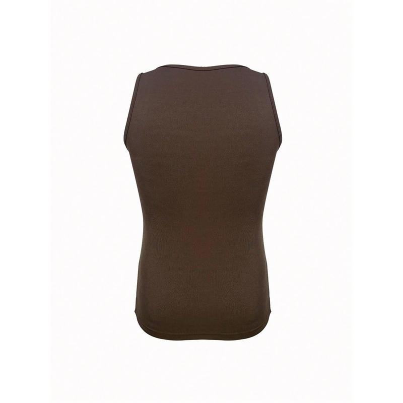 Men's solid color square-neck ribbed casual versatile tank top, men's clothing, brown socks, beige hem, stretch fabric, plain color