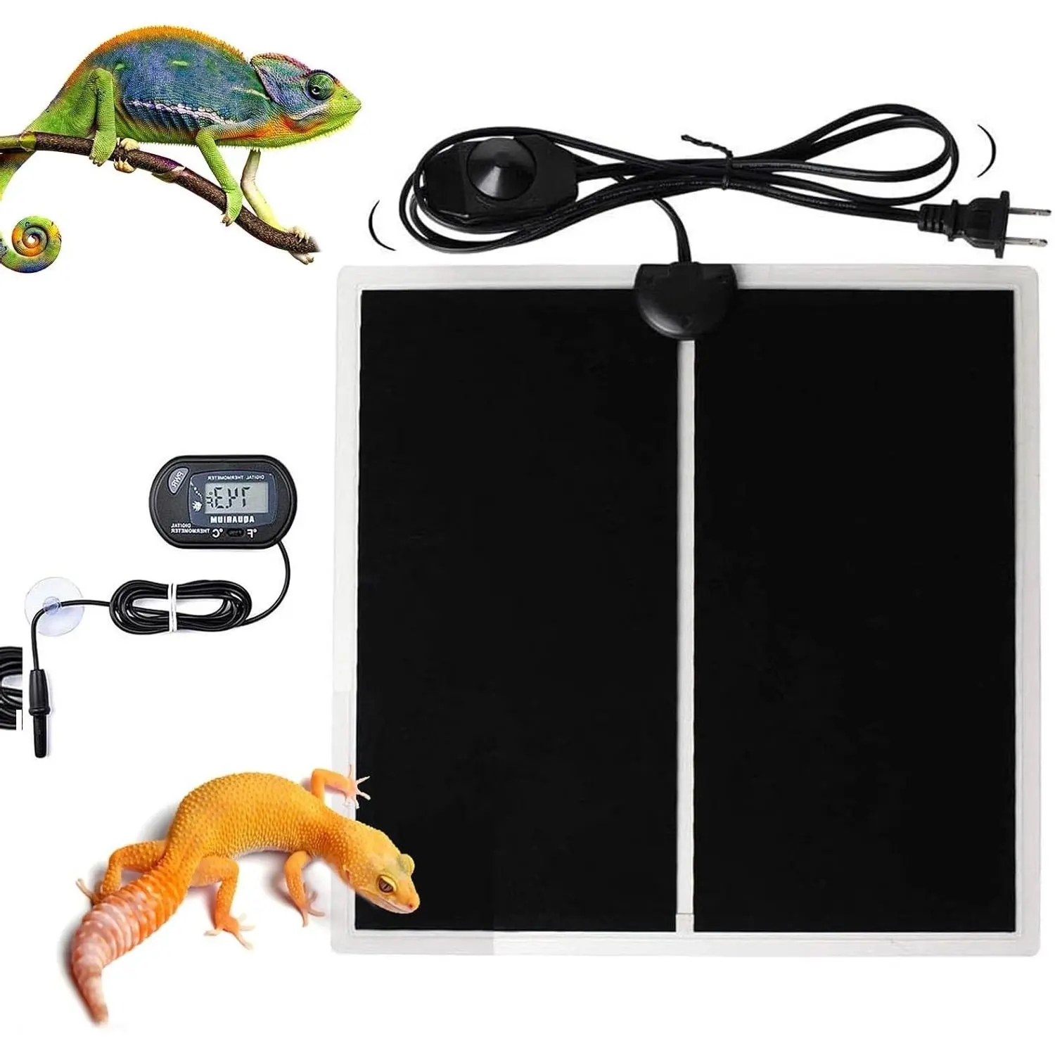 Reptile Terrarium Heat Pad with LCD Digital Aquarium Thermometer, 5.5 x 6in Power Adjustment Under Tank Heater Mat for Pets, Small Animals, Seedling, 5WGift