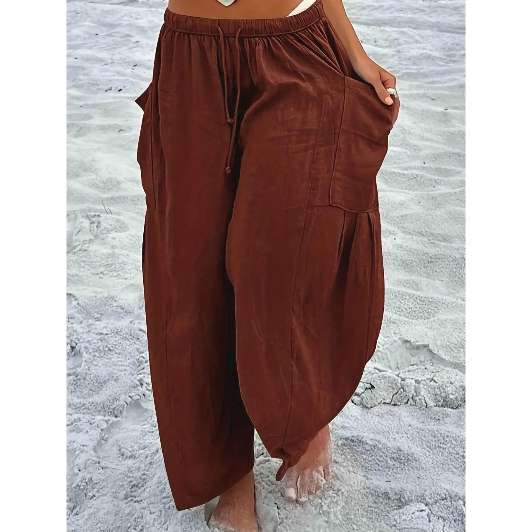 Women's Drawstring Harem Pants Elastic Waist Casual Boho Pants with Pockets Loose Fit Everyday Wear