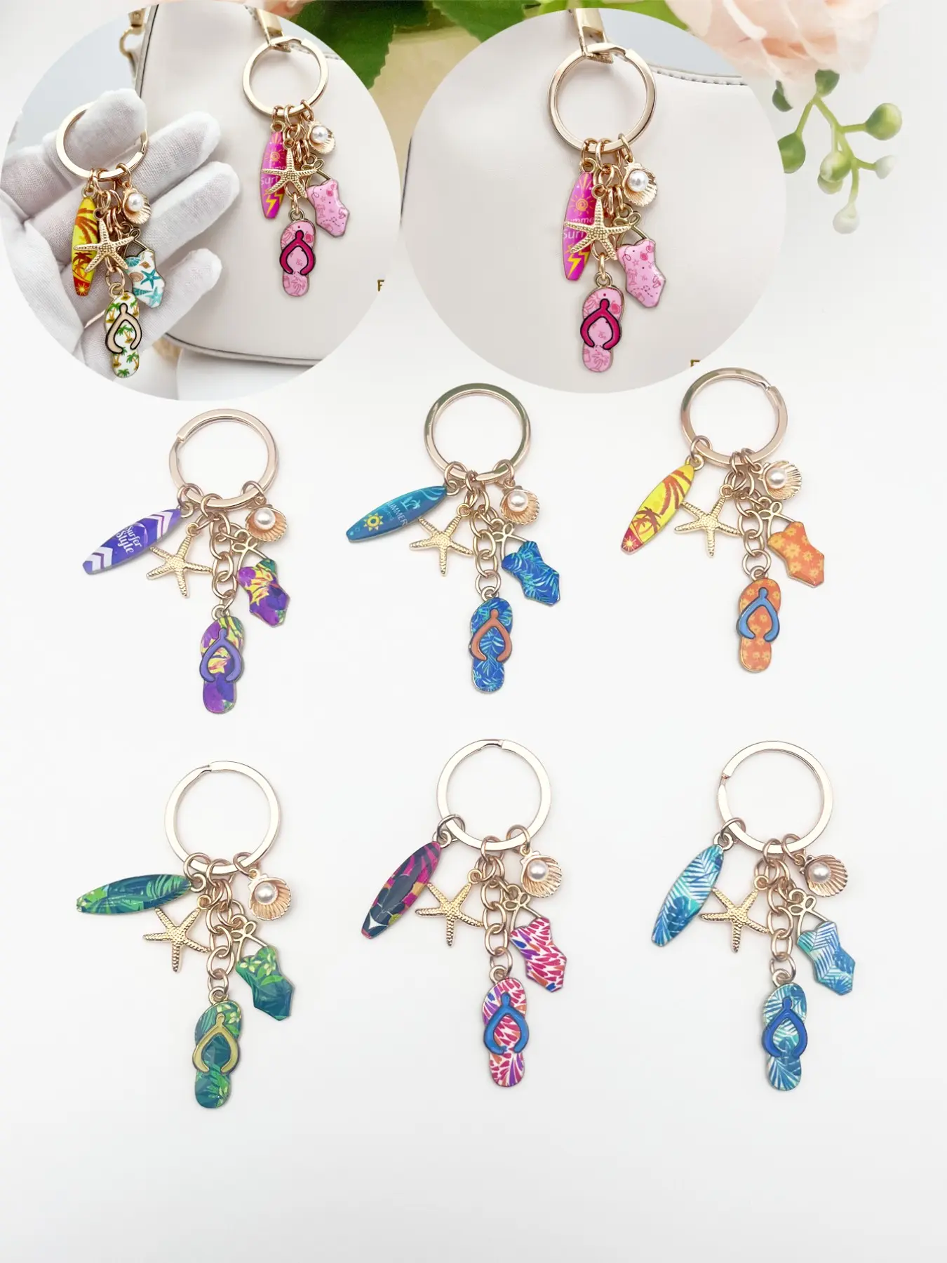 Summer Beach Theme Keychain, Surfboard, Starfish, Shell, Bikini, Sandal Charm, Key Charms, Holiday Travel Pendant, Bohemian Style, Gift Idea, Keychain Decor