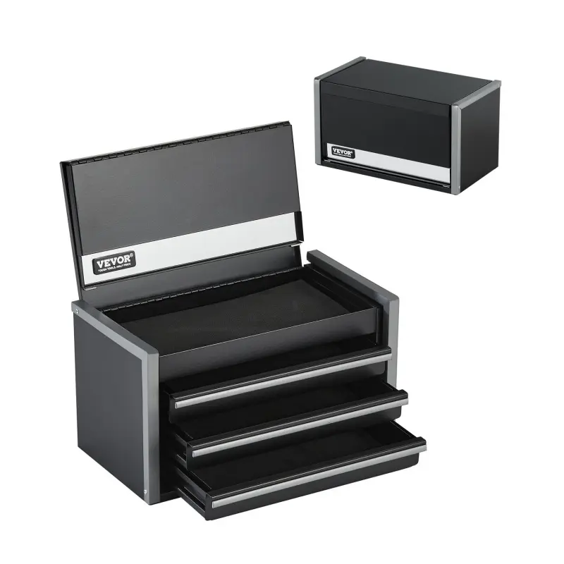 VEVOR Metal Tool Box, 8.6-inch, Portable Metal Tool Box with 3 Drawers, Small Tool Chest with EVA Liners and PP Feet Pads, Heavy-Duty Steel With Ball Bearing Opening and Powder Coated Finish, Black