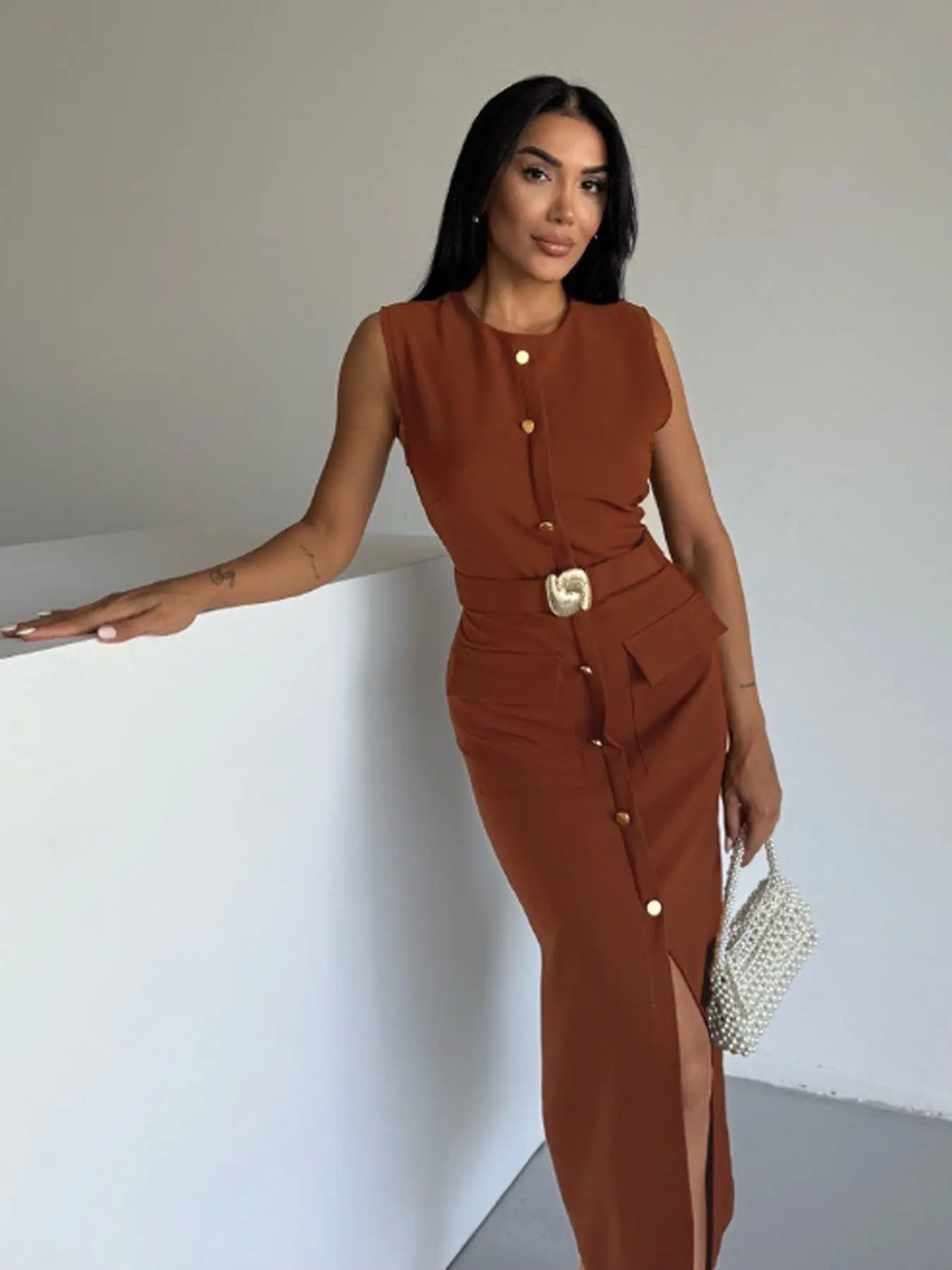 Women's Summer Dress Plain Twist Round Neck Button Front Ribbed Belt Dress, Fashion Casual Short Sleeve Long Dress for Daily Outdoor Wear Ladies Summer Clothes Brown Red White Black Dress Elegant