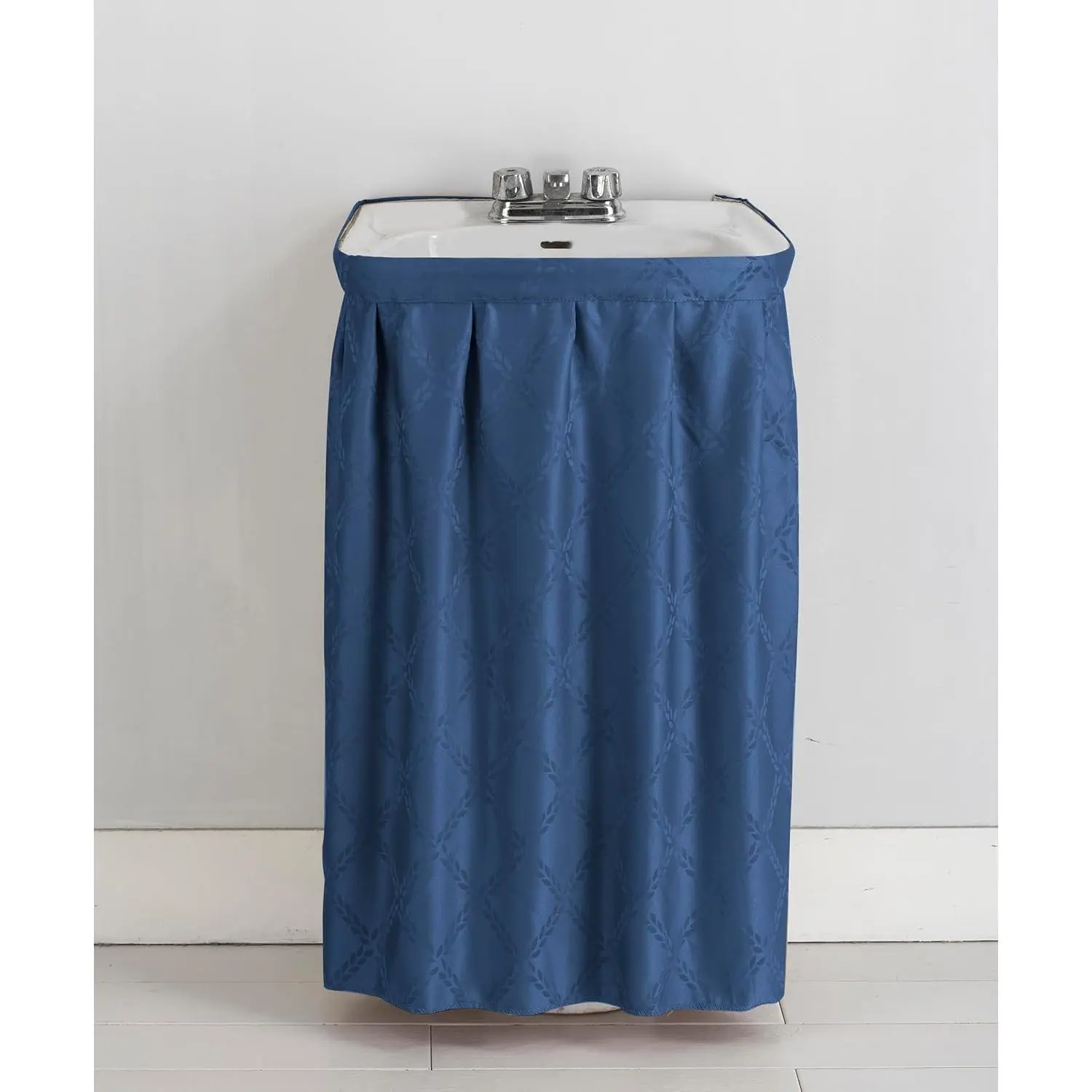 Fabric Sink Skirt Intersecting Leaves Pattern, Self Adhesive Water Repellent Vanity Cover (Blue)