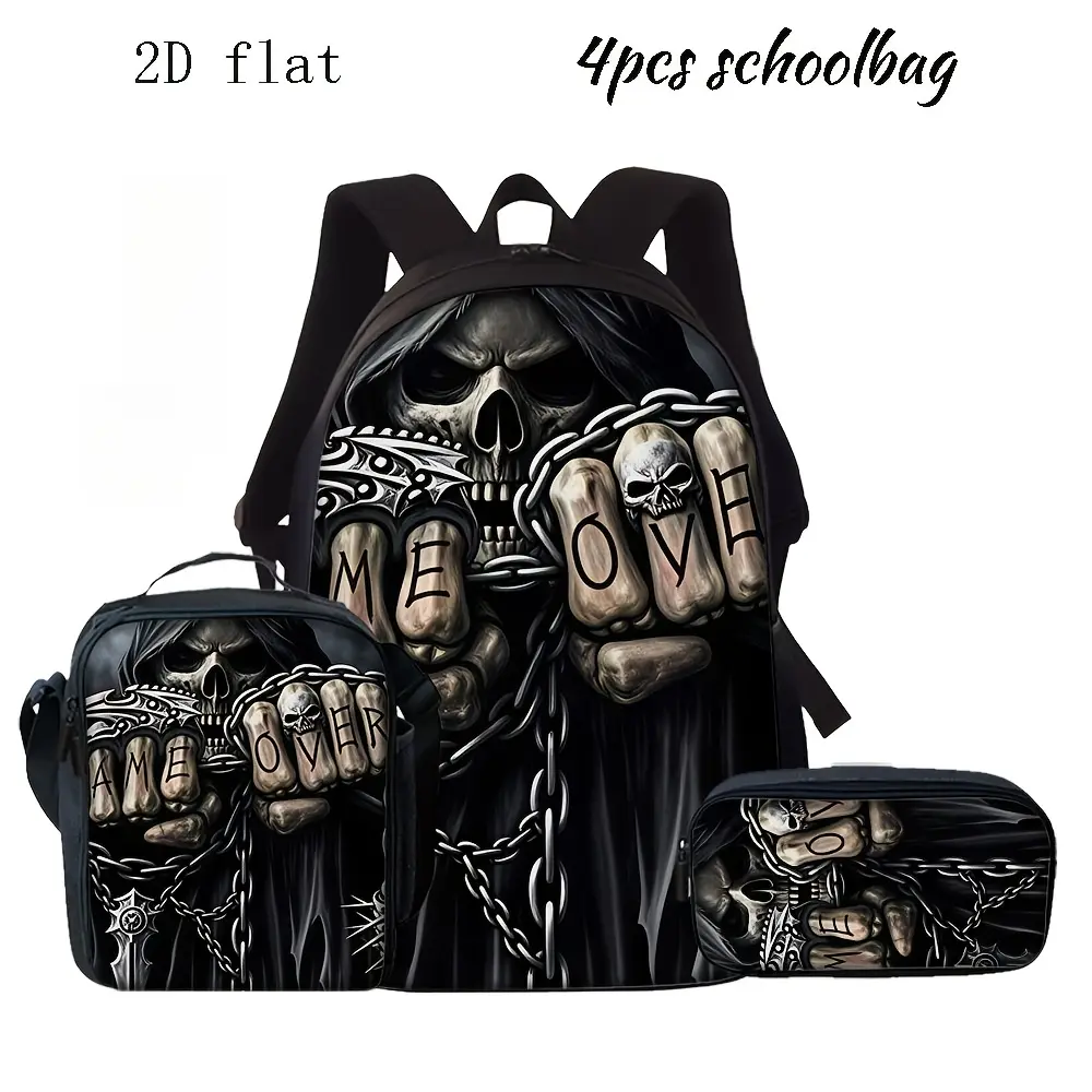 Dark Grim Reaper Chain Tattoo Style Backpack for Gothic Subculture Enthusiasts. Suitable for Commuting, Streetwear, and Outdoor Outings. with "GAME OVER" in Knuckle Alphabet, a Scythe, Skull, and Chain Print. Multi-layered