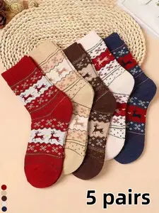 5 pairs of multicolor unisex mid-calf socks for autumn and winter, featuring a cute deer Christmas style, skin-friendly, comfortable, and very warm. Suitable for daily casual wear, commuting, attending parties, and various festive occasions. The best gift