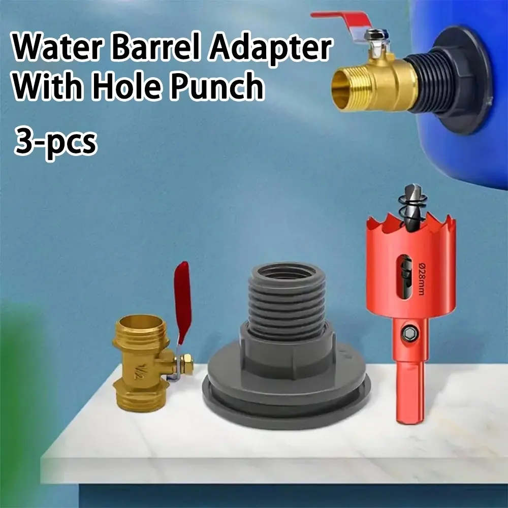 3PCS Water Tank Spigot Valve Kit with 28mm Hole Saw Tool, 1/2 Inch Brass Ball Valve PVC Bulkhead Fitting, Leakproof Rain Barrel Drain Outlet Installation Accessory Set