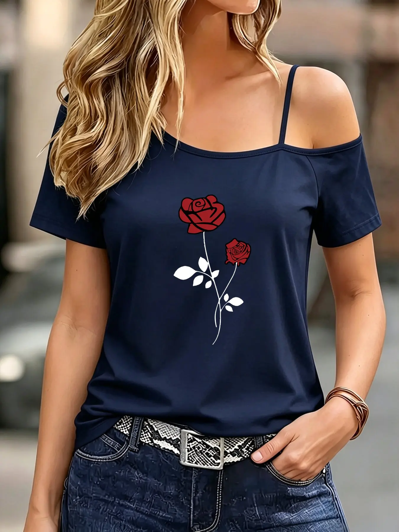 Women's Short Sleeve T-Shirt Top, Asymmetrical Neckline, Rose & Leaf Print, Casual Fashion for Spring Summer